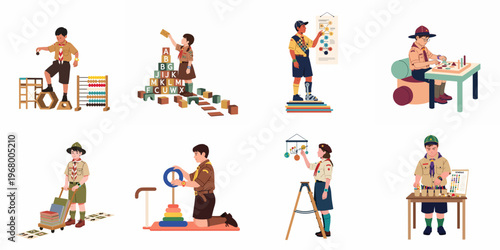 Diverse scouts in uniform participating in educational and developmental activities like building blocks, solving puzzles, and learning astronomy on a white background.