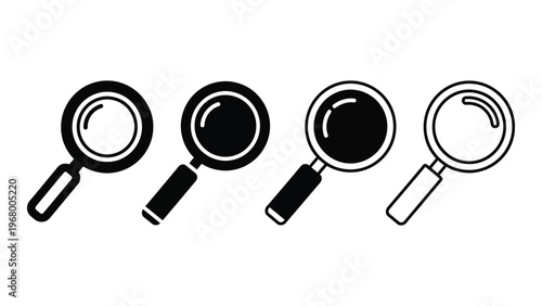 A series of four magnifying glasses displayed in varying orientations and styles presented as a silhouette high quality professional detailed modern
