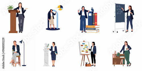 Collection of professional businesswomen illustrations, featuring diverse female characters in various workspace scenarios like presenting, teaching, and strategizing.