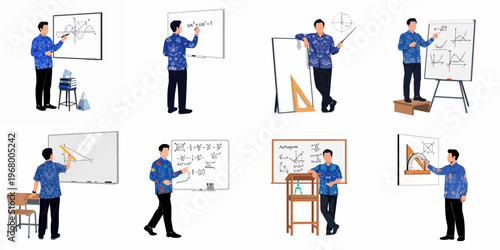 Illustration set of a male Indonesian teacher in blue batik uniform teaching mathematics, science, and geometry on whiteboards for educational use.