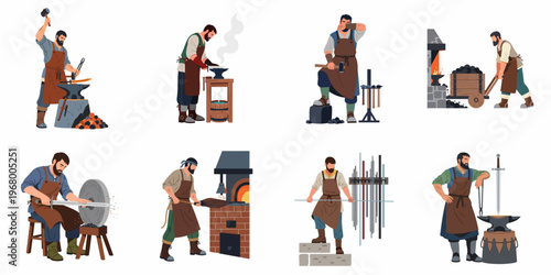 Professional blacksmith set featuring various scenes of forging metal, sharpening swords, using an anvil, and working in a traditional medieval-style forge workshop.
