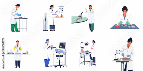 Collection of flat illustrations showing female scientists and medical professionals performing various laboratory tasks, clinical research, and medical procedures in a lab setting.