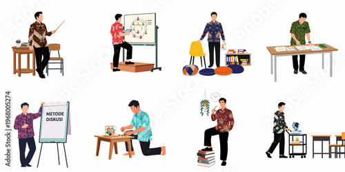 Set of flat illustrations of male teachers in batik shirts engaged in various educational activities like lecturing, presenting, and organizing classroom materials.