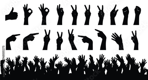 Diverse vector graphic illustration showcasing various human hand gestures, signs, and an enthusiastic crowd.