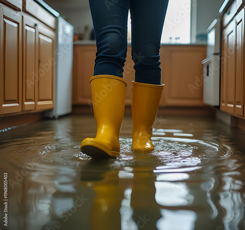 Person in yellow rubber boots standing in flooded kitchen, concept of water damage, home disaster, cleaning, and emergency repair
