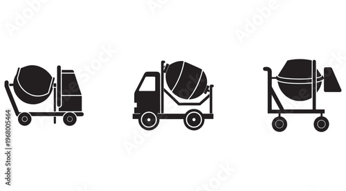 Blackandwhite silhouettes of concrete mixer trucks and carts for construction and building materials transportation  industrial equipment