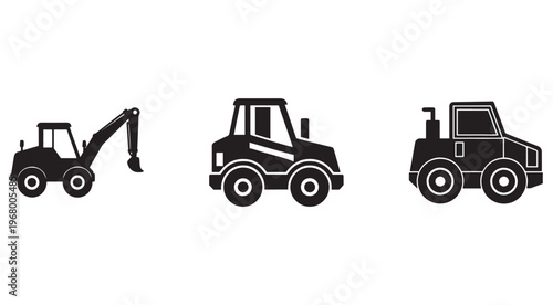 Blackandwhite silhouettes of construction vehicles including excavator tractor and roller isolated on white background