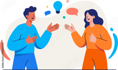 Two people communicate effectively with gestures and speech bubbles around them