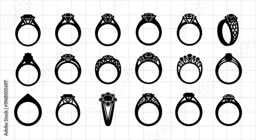 Collection of various black silhouette jewelry rings with gemstones on white background