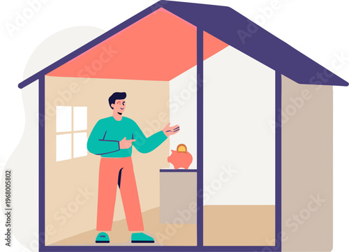 A man stands inside a house, gesturing towards a piggy bank on a table.