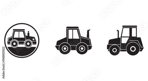 Blackandwhite silhouettes of three different types of road rollers or steamrollers used for construction and paving  isolated on white background