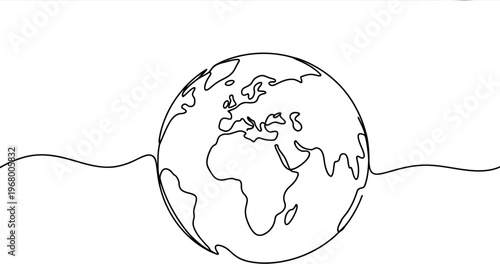Globe Earth minimalist one-line vector illustration of world map in continuous line drawing isolated on white background