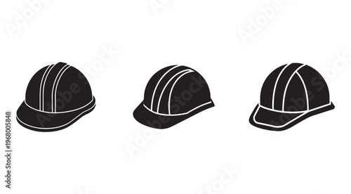 Blackandwhite silhouettes of three different cricket helmets with white outlines on white background  side view