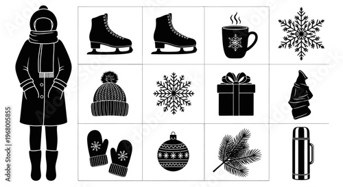 Winter clothing and holiday icons in black and white snowflakes gifts and hot drinks for christmas and ice skating