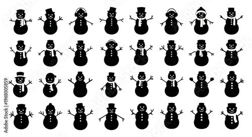 Collection of black silhouette snowmen in various poses and hats on white background for winter designs