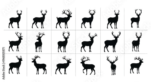 Collection of black deer silhouettes with various antler shapes and poses on white background for design and decoration