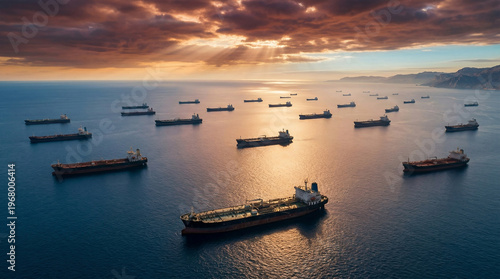 Multiple tanker ships anchored on open sea at dramatic sunset