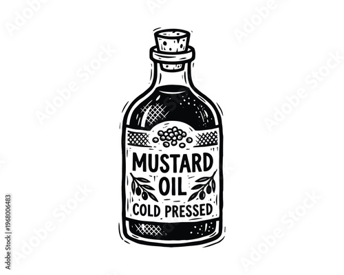 Hand drawn engraving style illustration of mustard oil bottle with cork for food and health