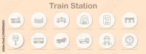 Train station set icon. Line symbols depict locomotive, station sign, luggage cart, tunnel entrance, distance sign, bridge, stop post, rail wagon, track crossing, cargo truck, worker helmet, clock