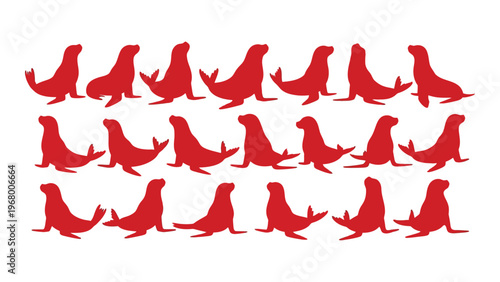 A vibrant collection of red sea lion silhouettes displays various poses and orientations against a white background silhouette high quality professional