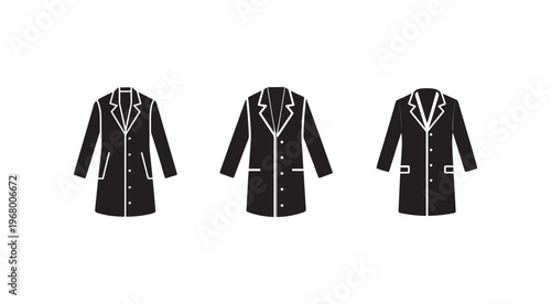 Blackcoatswithwhitetriminthreeviewsisolatedonwhitebackground