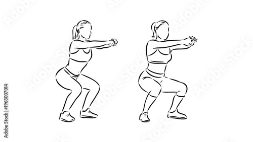 A vector illustration of a woman performing squats in a fitness routine