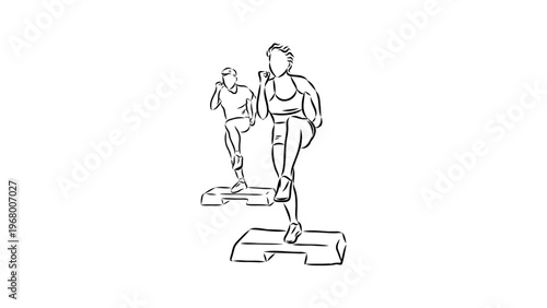 A minimalist line art illustration of two people stepping up in a fitness routine