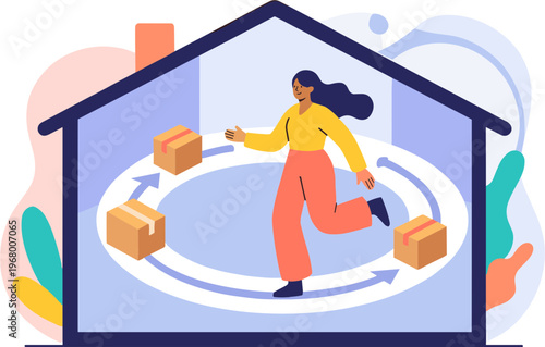 Woman moving boxes in a house interior with a circular pathway