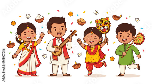 Bengali children celebrating Poila Baisakh festival on white background in flat vector illustration style