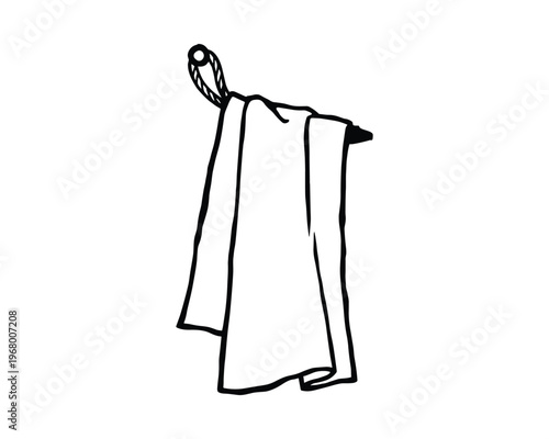 Hand drawn illustration of cloth towel draped over rod. Simple outline art.