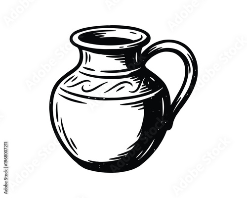 Hand drawn jug, pottery pitcher, liquid container, kitchenware illustration, isolated graphic