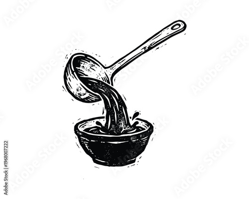 Hand drawn ladle pouring liquid; cooking process; kitchen utensil; black sketch illustration; isolated object