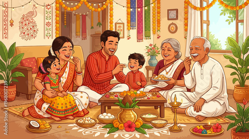 Happy Bengali Family Celebrating Poila Baisakh Sharing Traditional Sweets in Festive Home Illustration