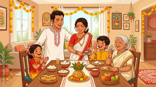 Happy Bengali family celebrating Poila Baisakh 2026 with traditional sweets in a decorated home illustration.