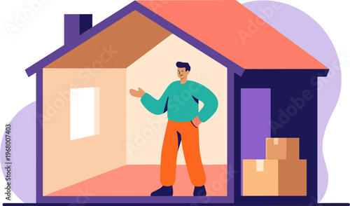 A man stands inside a partially demolished house with boxes.