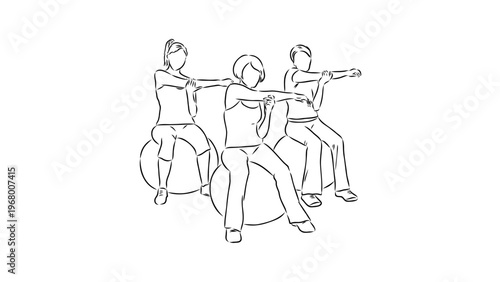 A minimalist line art illustration of three people pulling a rope together