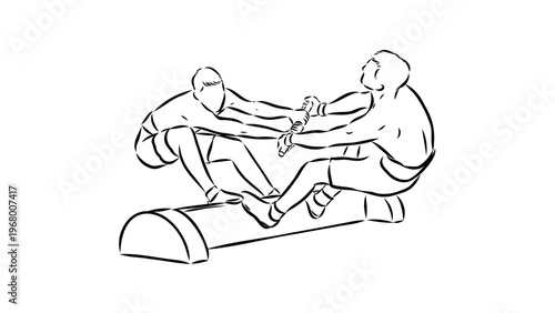 A minimalist line art illustration of two men pulling a rope together