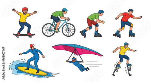 Set of diverse vector graphic illustrations showcasing people enjoying various exciting extreme sports and adventure activities.