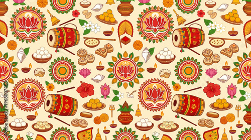 Bengali New Year Poila Baisakh seamless pattern with dhak and sweets on cream background vector