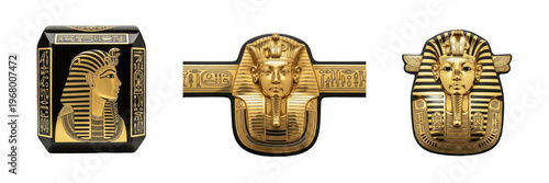 Foto Set and collection of ancient Egyptian pharaoh golden masks and royal portrait j