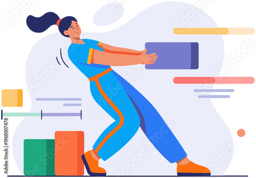 Woman in blue tracksuit pushing colorful blocks in gym environment from side view