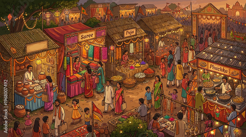 Vibrant Bengali New Year fair celebrating Poila Baisakh in a festive evening market detailed illustration