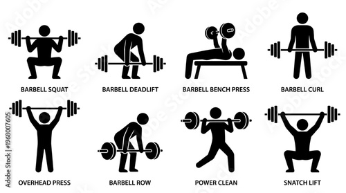 Barbell Exercise Vector Icons for Strength Training Design
