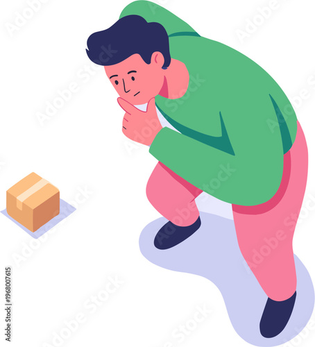 Man crouches down on ground next to brown box looking worried