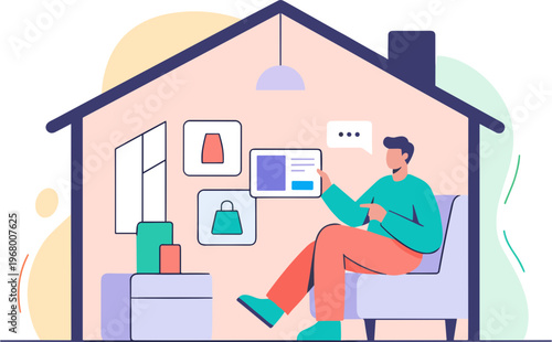 A person sitting in a chair inside a house looking at a screen on the wall with various items nearby.