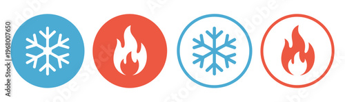Hot and cold icon, fire and snowflake sign, heating and cooling button featuring temperature control symbols, modern flat vector illustration for HVAC, climate control, appliance interfaces, and user 