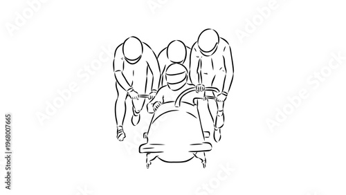 A minimalist line art illustration of medical staff pushing a patient on a hospital bed