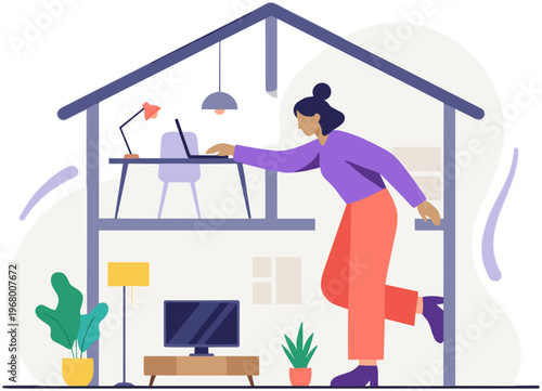 Woman runs through house with plants and furniture to reach computer upstairs quickly.