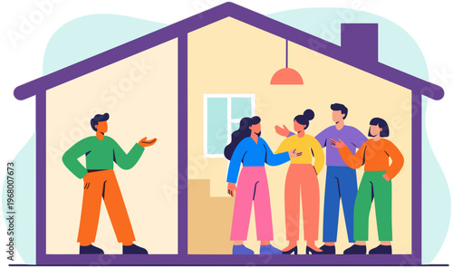 People discussing inside and outside a house with friends