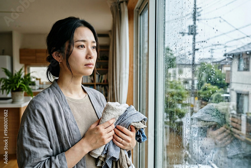 雨の日に乾かない洗濯物を抱えて窓の外を眺める憂鬱な表情の女性 Generative AI
